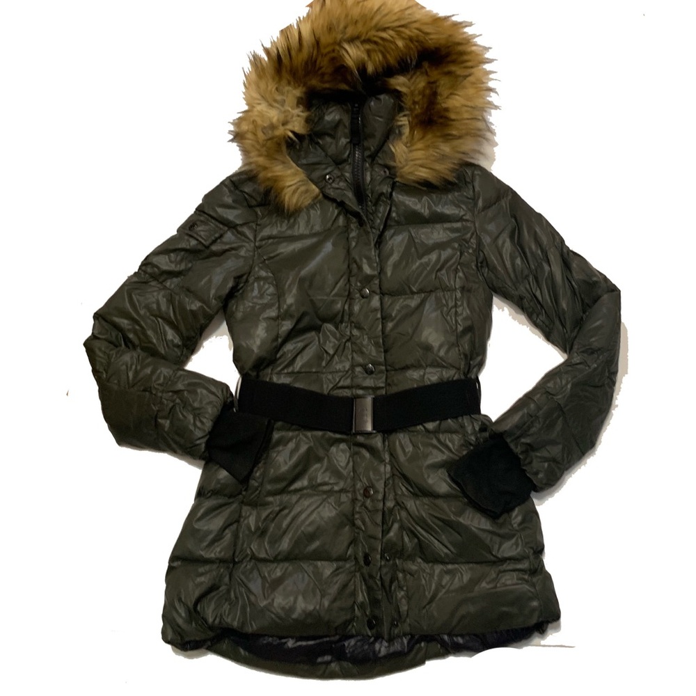 XS / S13 Women's Olive Green Puffer Jacket with Faux Fur Hood